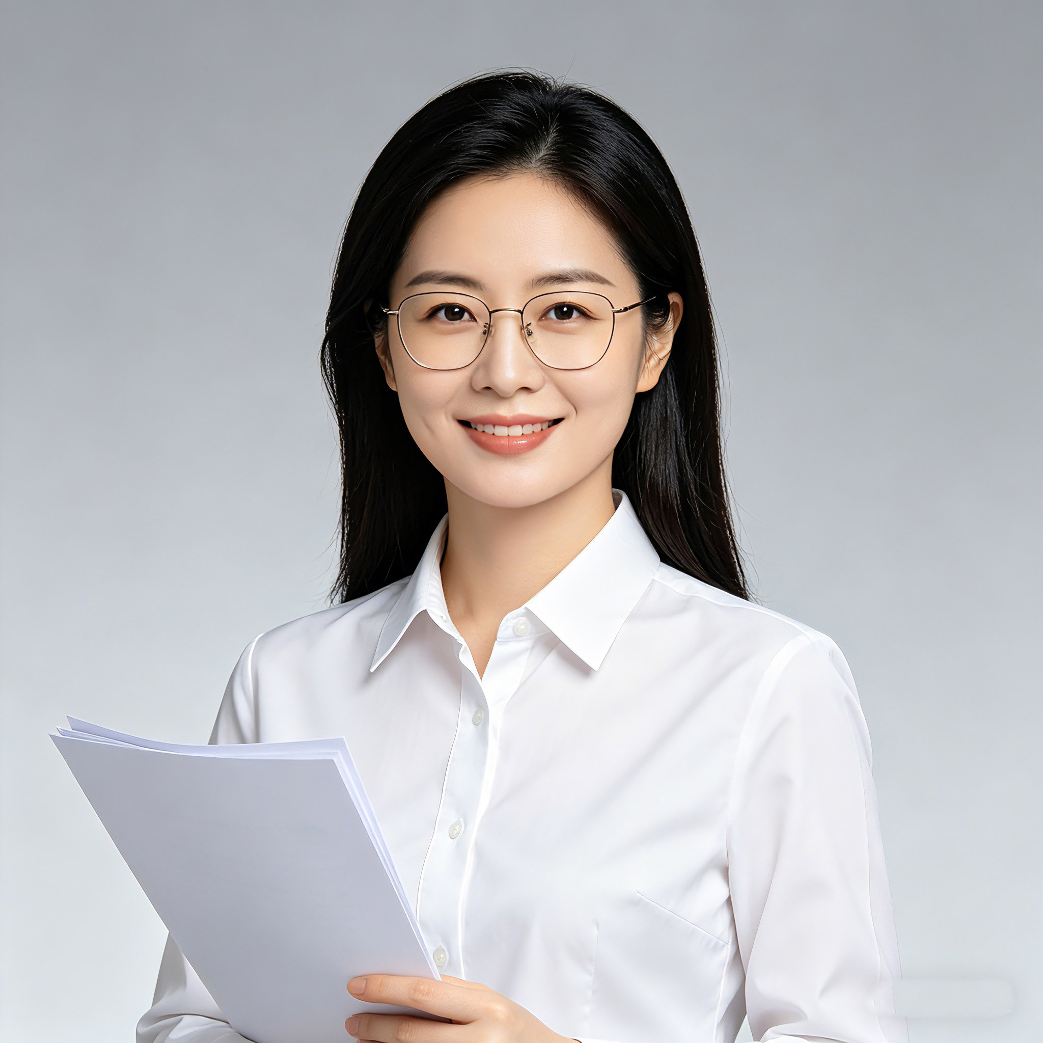 三十五岁左右女性头像，穿职业套装，白色背景，专业办公环境
