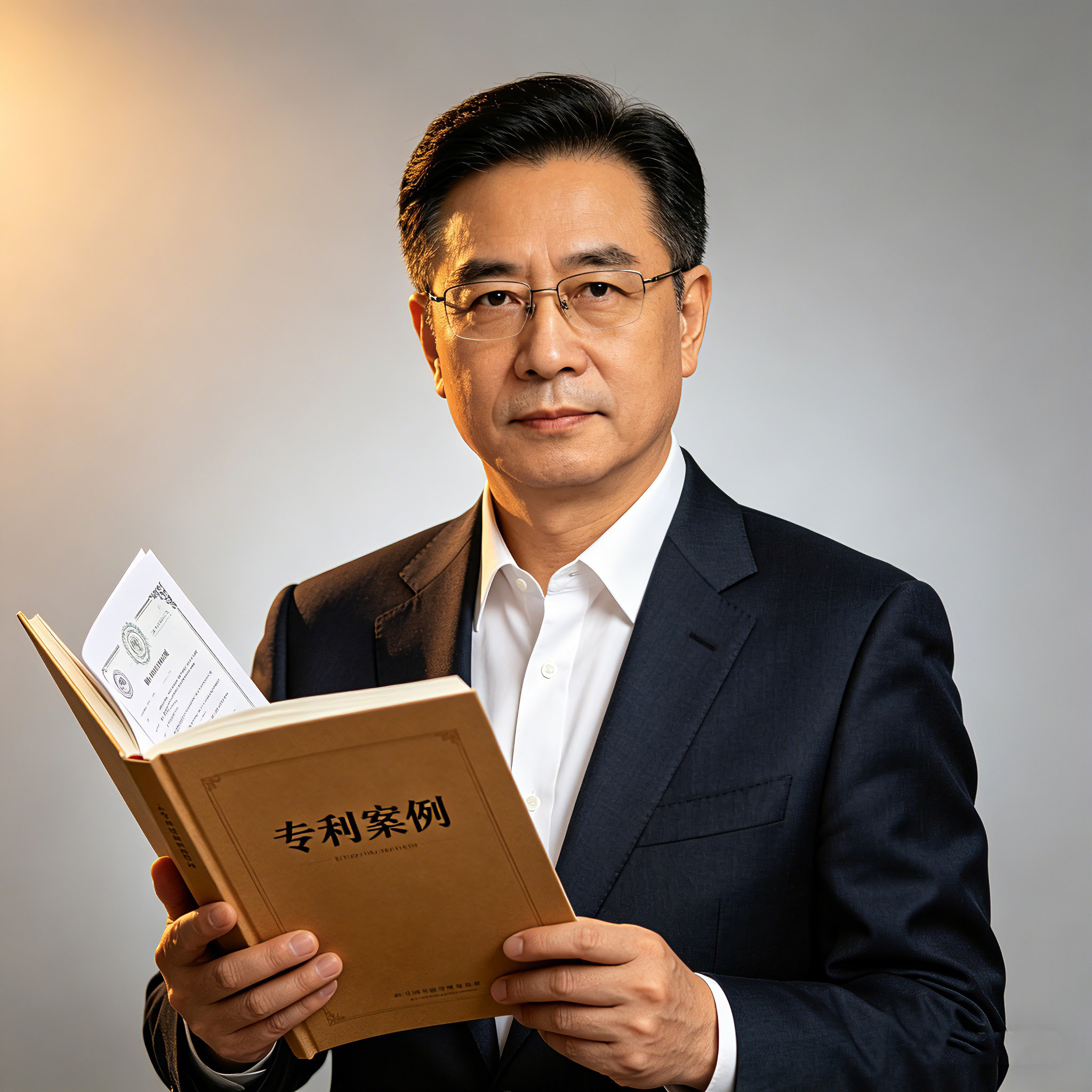 三十岁左右男性头像，穿深色西装，浅灰色背景，专业办公环境