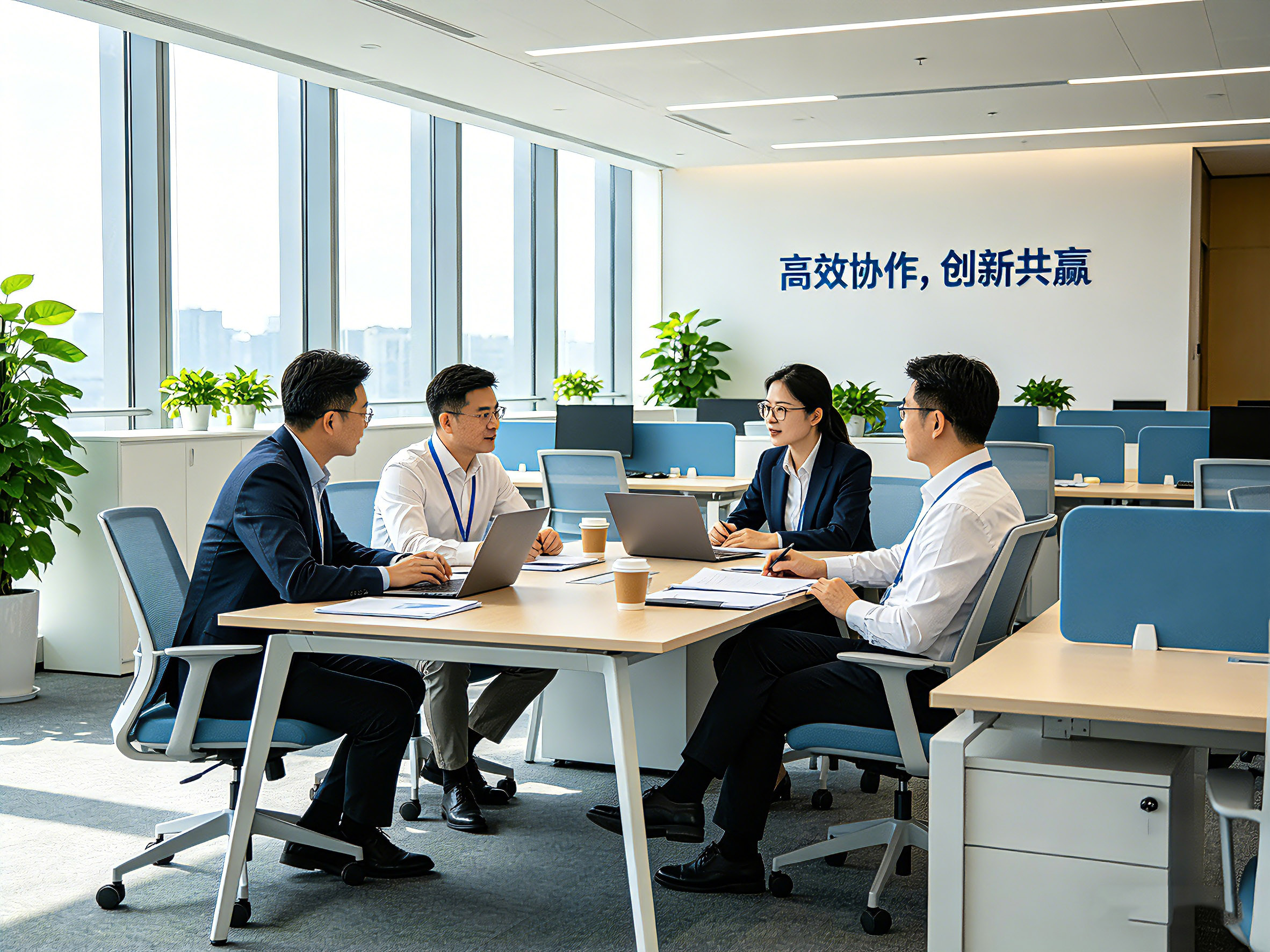 版权服务工作场景，工作人员在电脑前处理版权登记文件，周围摆放着各种版权证书和创意作品，专业办公环境