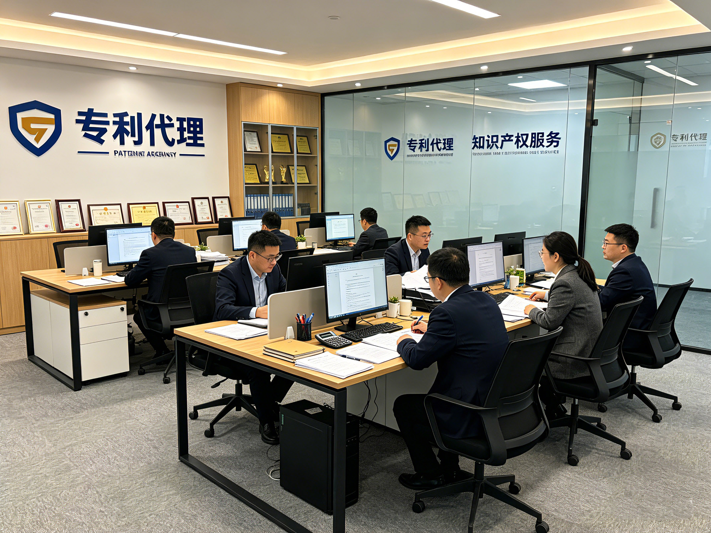 专利代理服务场景，专业人员在办公桌前处理专利文档，周围摆放着专利证书和相关法律书籍，明亮自然光照明